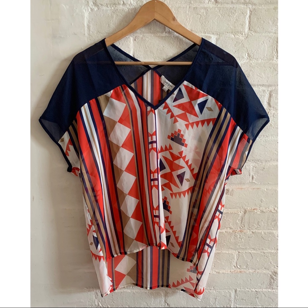 Umgee USA tribal geometric patterned semi sheer V neck top - Picture 2 of 6